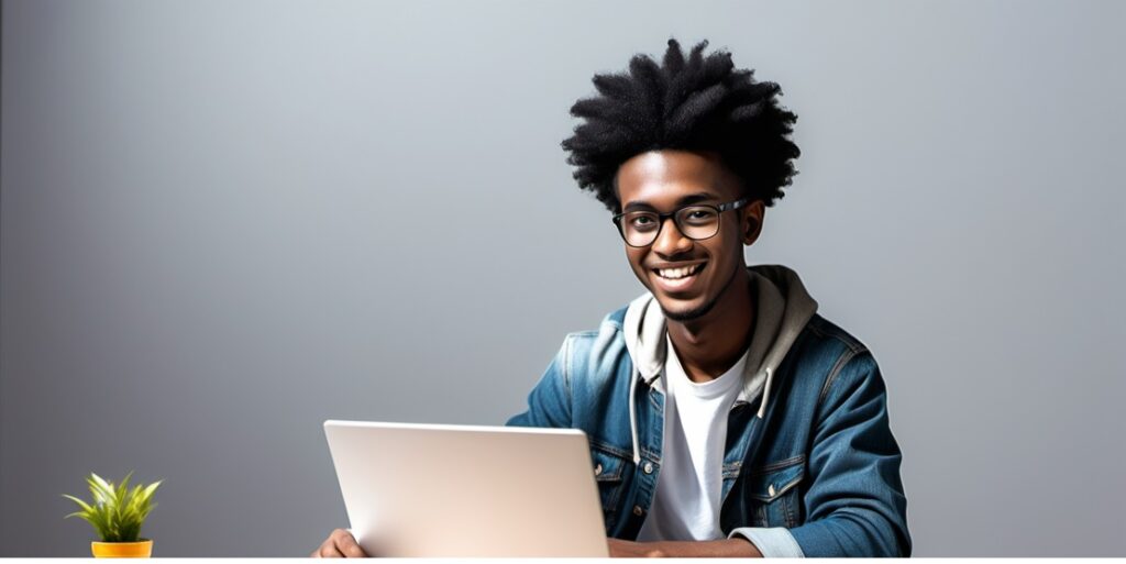 Student smiling in an online learning setting - Dual Degree UGC Program